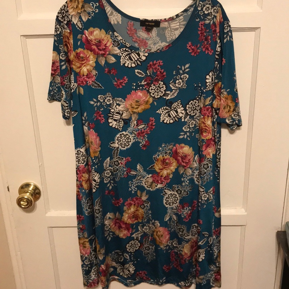 Teal Floral Jersey Knit Swing Dress, Size L
